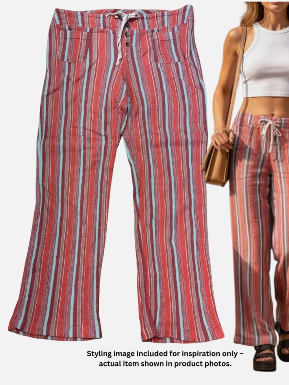 Sundance Women's Striped Pants XL Cotton Gauze Coastal Beach Boho Lagenlook